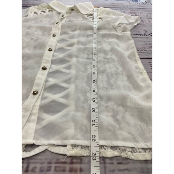 Uno Core Sheer Top Womens S Floral Lace Lattice Back Short Sleeves Collar White - Picture 7 of 10